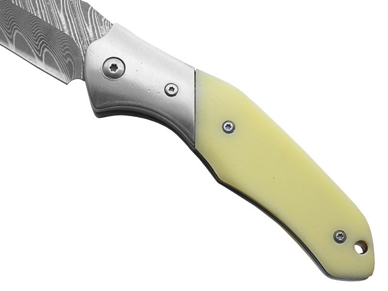 Canivete para colecionador em aço damasco. Empunhadura em osso de búfalo, 19 cm