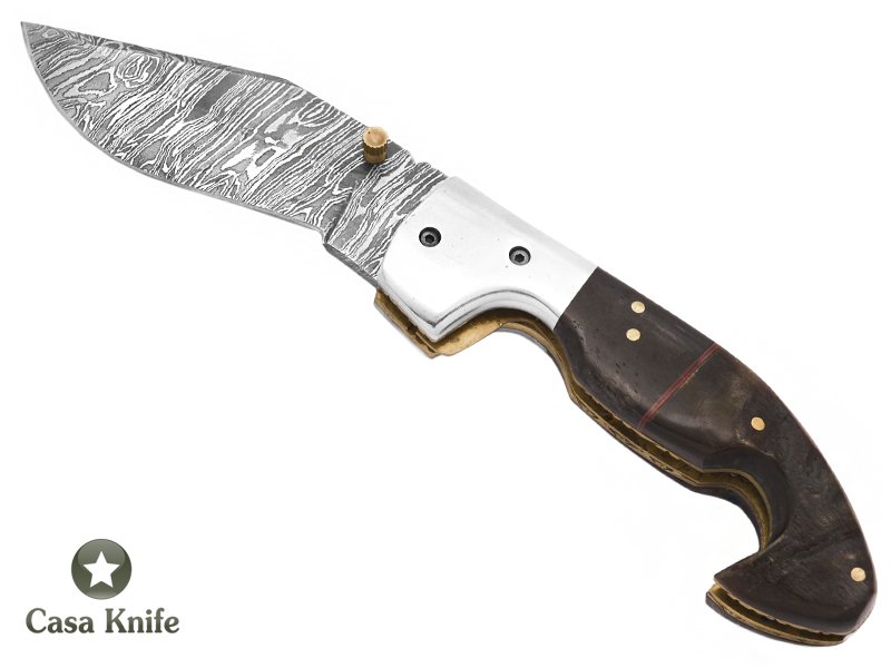 Canivete para colecionador em aço damasco com empunhadura em chifre de búfalo com chifre de carneiro 20 cm