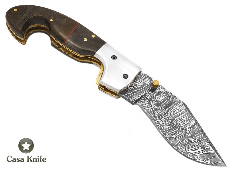 Canivete para colecionador em aço damasco com empunhadura em chifre de búfalo com chifre de carneiro 20 cm