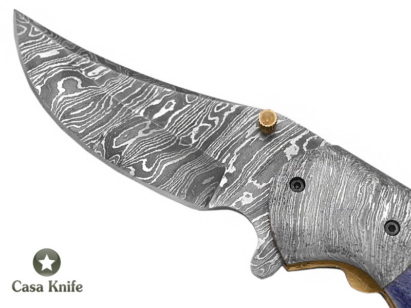 Canivete para colecionador em aço damasco com empunhadura em chifre de búfalo tingido e chifre de carneiro merino 20 cm