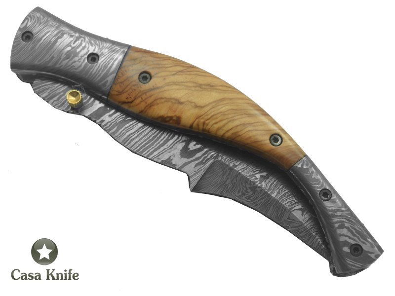 Canivete para colecionador em aço damasco com empunhadura em Radica Oliveira, 24 cm