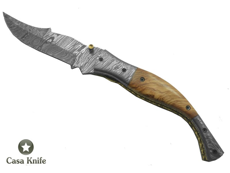 Canivete para colecionador em aço damasco com empunhadura em Radica Oliveira, 24 cm