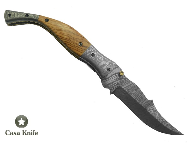 Canivete para colecionador em aço damasco com empunhadura em Radica Oliveira, 24 cm