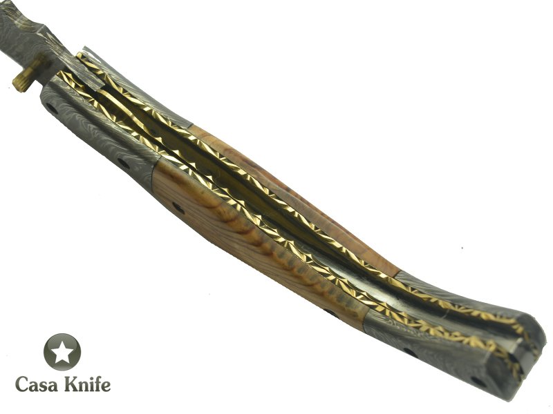Canivete para colecionador em aço damasco com empunhadura em Radica Oliveira, 24 cm