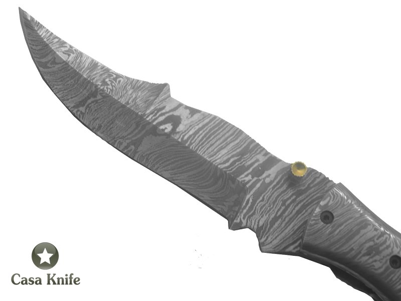 Canivete para colecionador em aço damasco com empunhadura em Radica Oliveira, 24 cm