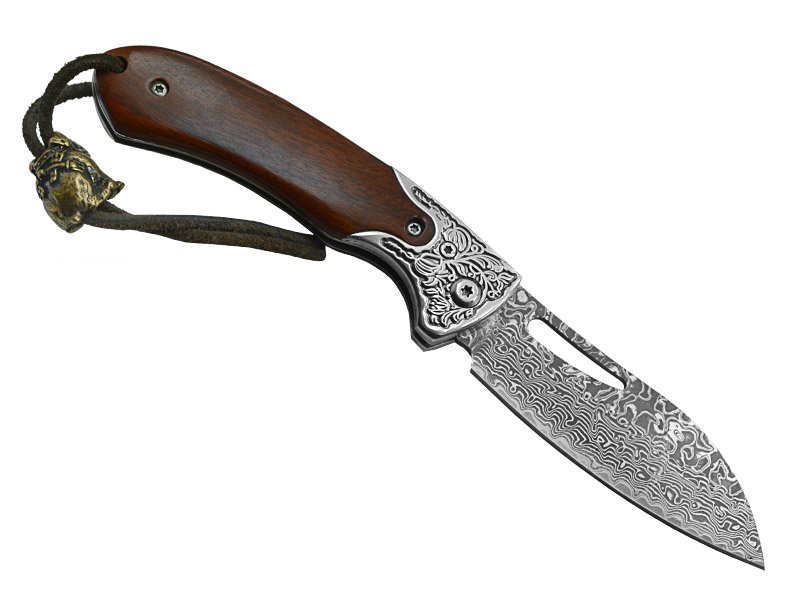 Canivete para colecionador em aço damasco. Empunhadura em cerejeira, 18 cm