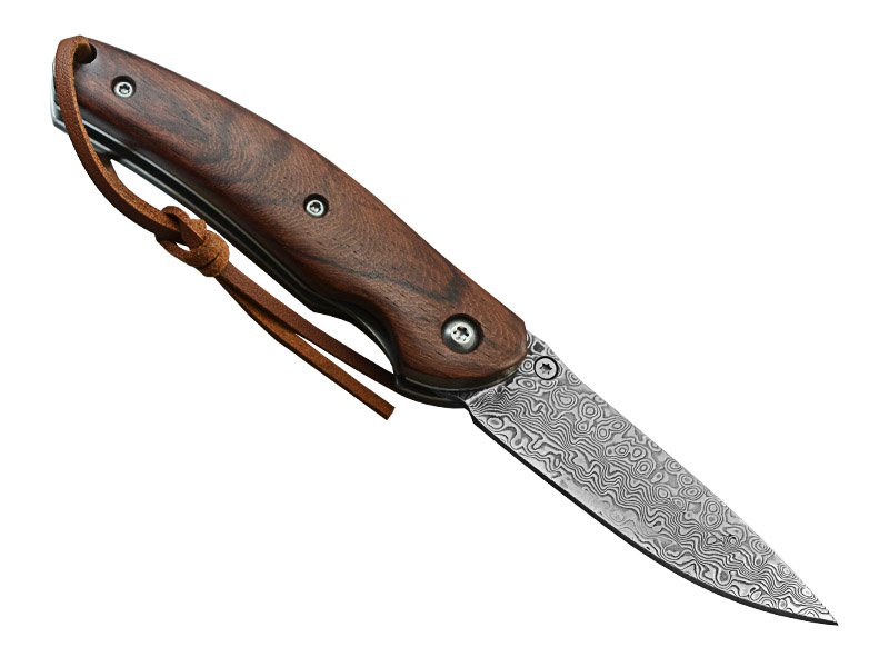 Canivete para colecionador em aço damasco. Empunhadura em sândalo vermelho, 16 cm