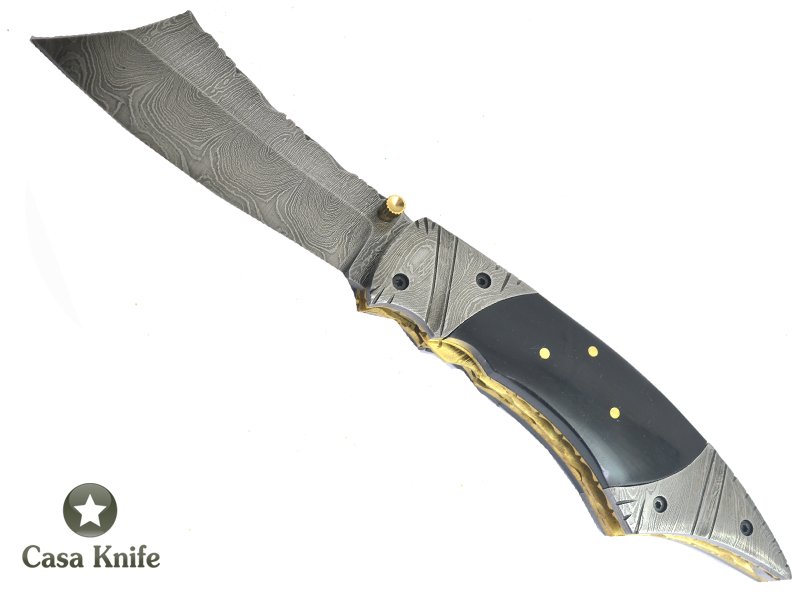 Canivete para colecionador forjado em aço damasco com empunhadura em chifre de búfalo, 22 cm