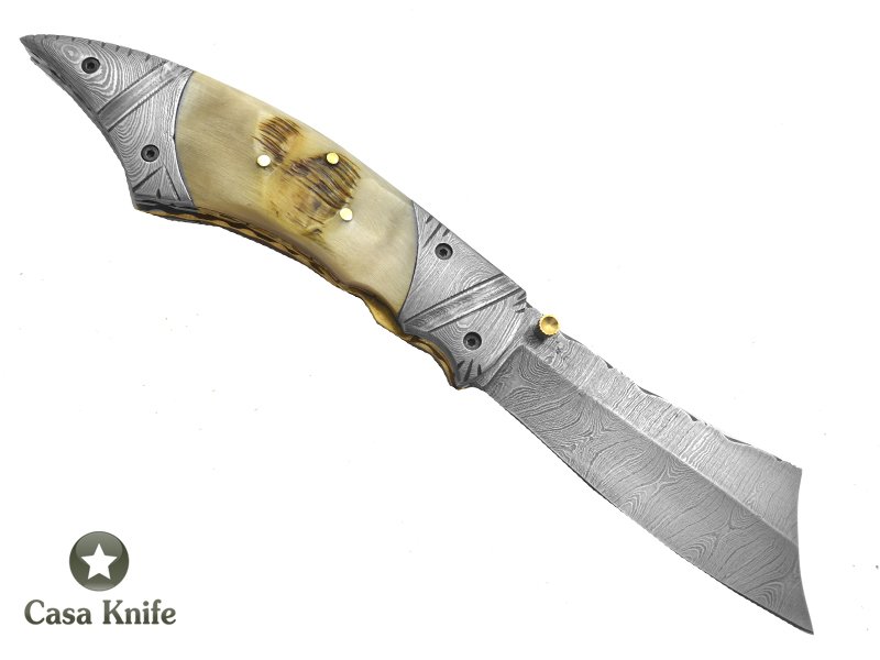Canivete para colecionador forjado em aço damasco com empunhadura em chifre de carneiro, 22 cm