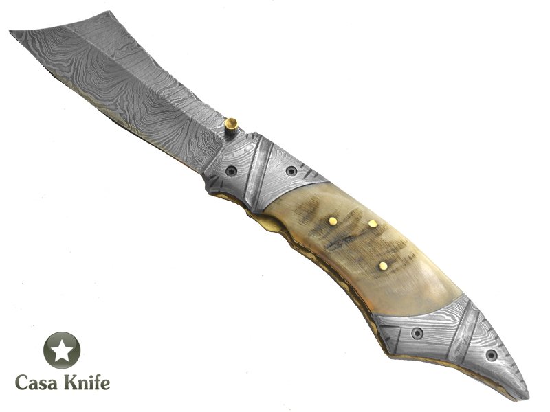 Canivete para colecionador forjado em aço damasco com empunhadura em chifre de carneiro, 22 cm