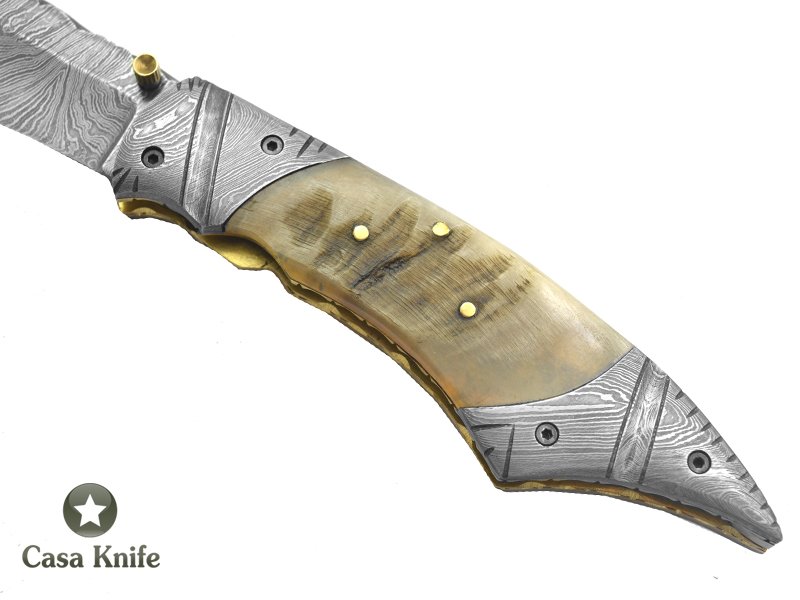 Canivete para colecionador forjado em aço damasco com empunhadura em chifre de carneiro, 22 cm
