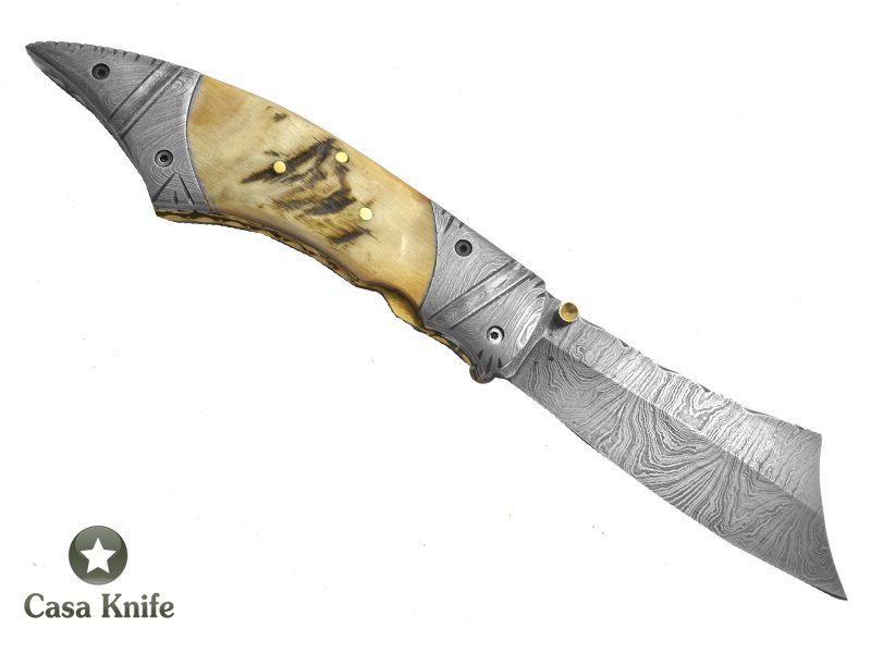 Canivete para colecionador forjado em aço damasco com empunhadura em chifre de carneiro, 22 cm