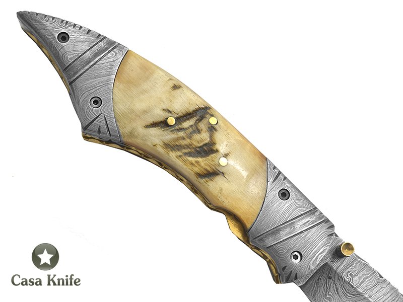 Canivete para colecionador forjado em aço damasco com empunhadura em chifre de carneiro, 22 cm