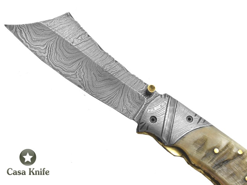 Canivete para colecionador forjado em aço damasco com empunhadura em chifre de carneiro, 22 cm