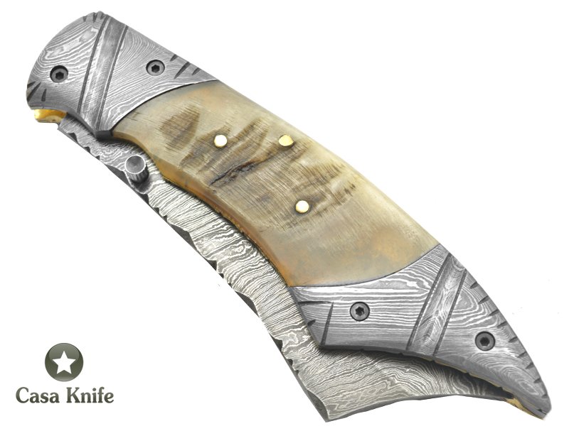 Canivete para colecionador forjado em aço damasco com empunhadura em chifre de carneiro, 22 cm