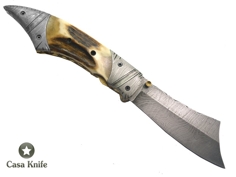 Canivete para colecionador forjado em aço damasco com empunhadura em chifre de cervo, 22 cm