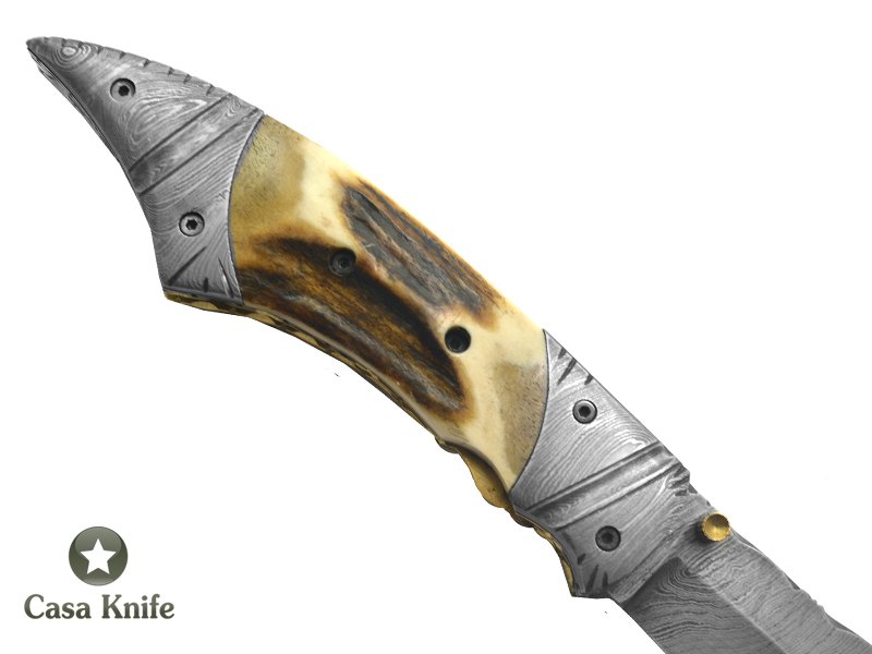 Canivete para colecionador forjado em aço damasco com empunhadura em chifre de cervo, 22 cm
