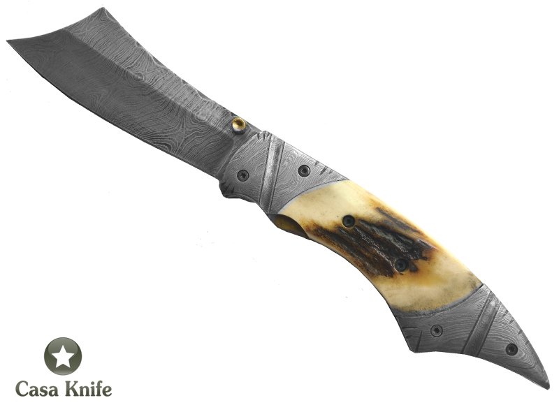Canivete para colecionador forjado em aço damasco com empunhadura em chifre de cervo, 22 cm