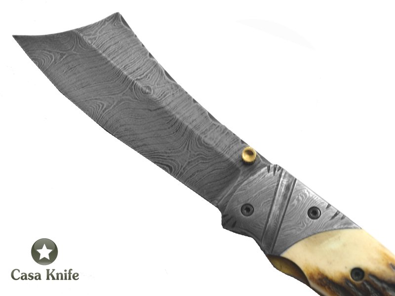 Canivete para colecionador forjado em aço damasco com empunhadura em chifre de cervo, 22 cm