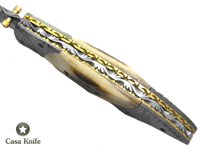 Canivete para colecionador forjado em aço damasco com empunhadura em chifre de cervo, 22 cm