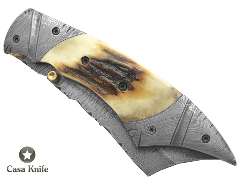 Canivete para colecionador forjado em aço damasco com empunhadura em chifre de cervo, 22 cm