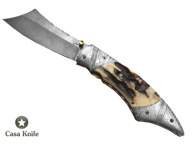 Canivete para colecionador forjado em aço damasco com empunhadura em chifre de cervo, 22 cm