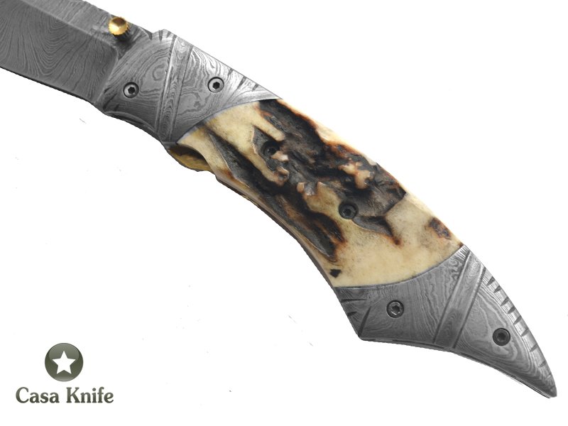 Canivete para colecionador forjado em aço damasco com empunhadura em chifre de cervo, 22 cm