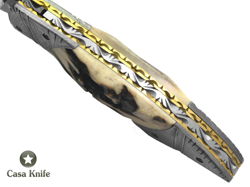 Canivete para colecionador forjado em aço damasco com empunhadura em chifre de cervo, 22 cm