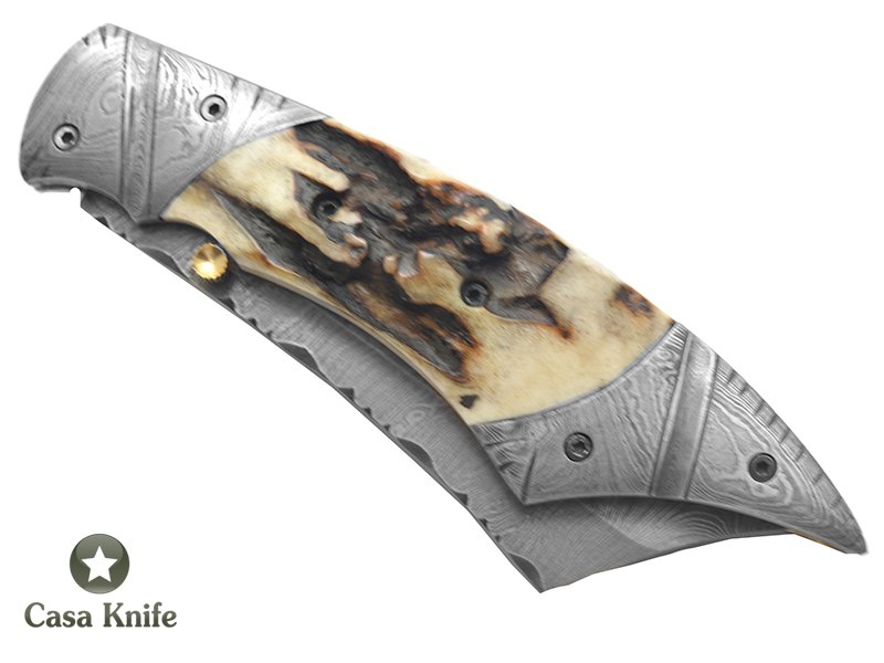 Canivete para colecionador forjado em aço damasco com empunhadura em chifre de cervo, 22 cm