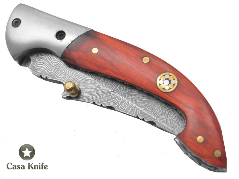 Canivete para colecionador forjado em aço damasco com empunhadura em mogno,18 cm