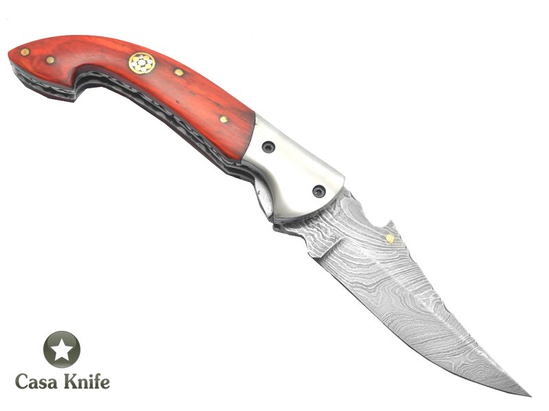 Canivete para colecionador forjado em aço damasco com empunhadura em mogno,18 cm