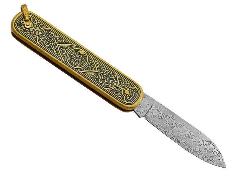 Canivete para colecionador forjado em aço damasco. Empunhadura em bronze, 13 cm