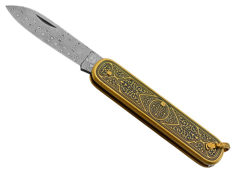 Canivete para colecionador forjado em aço damasco. Empunhadura em bronze, 13 cm