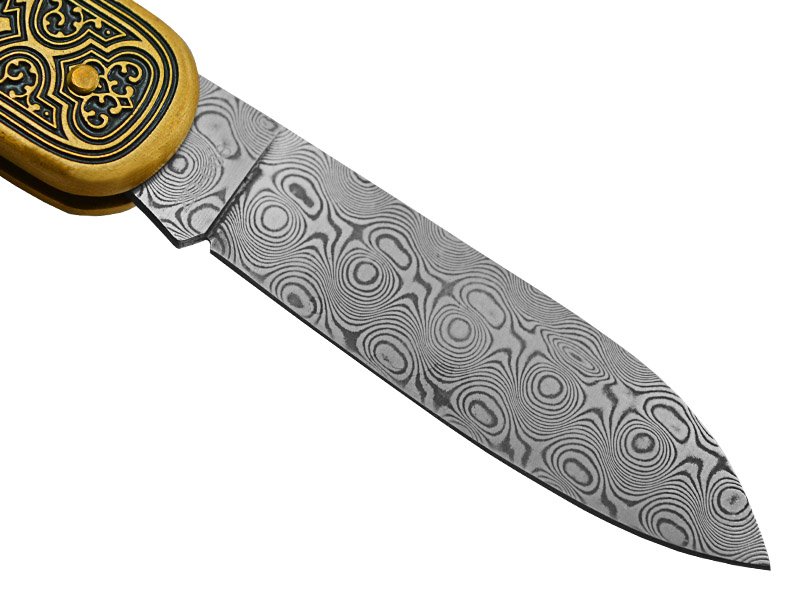 Canivete para colecionador forjado em aço damasco. Empunhadura em bronze, 13 cm