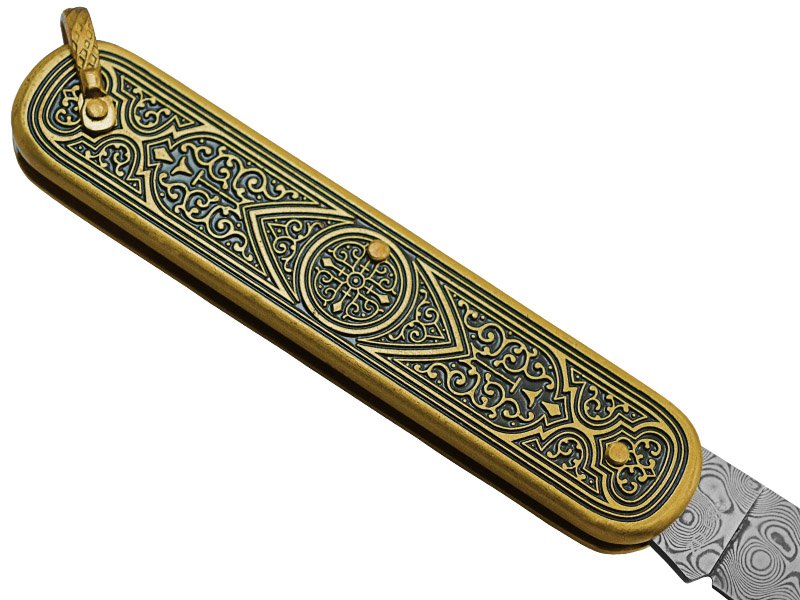 Canivete para colecionador forjado em aço damasco. Empunhadura em bronze, 13 cm