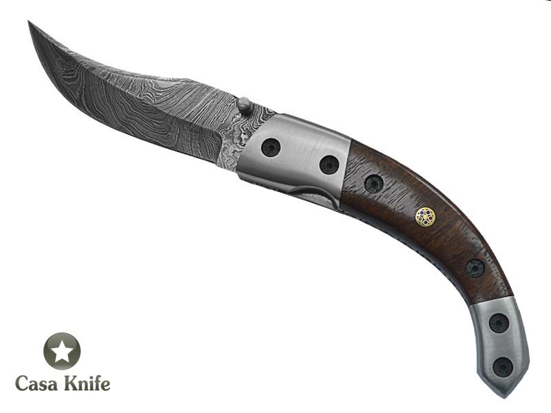 Canivete para colecionador forjado em aço damasco. Empunhadura em Imbuia, 21 cm
