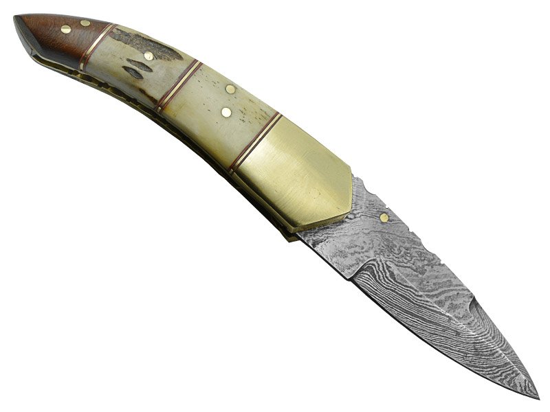 Canivete para colecionador forjado em aço damasco. Empunhadura em osso de búfalo, 17 cm