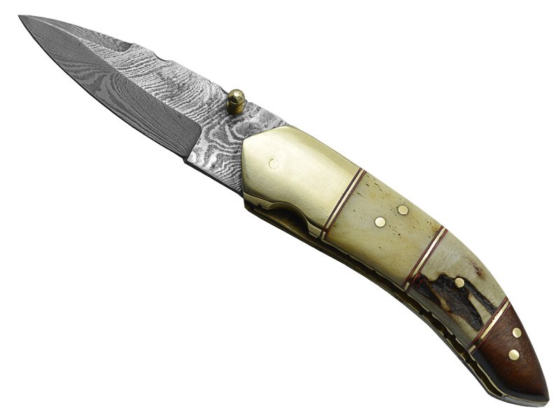 Canivete para colecionador forjado em aço damasco. Empunhadura em osso de búfalo, 17 cm
