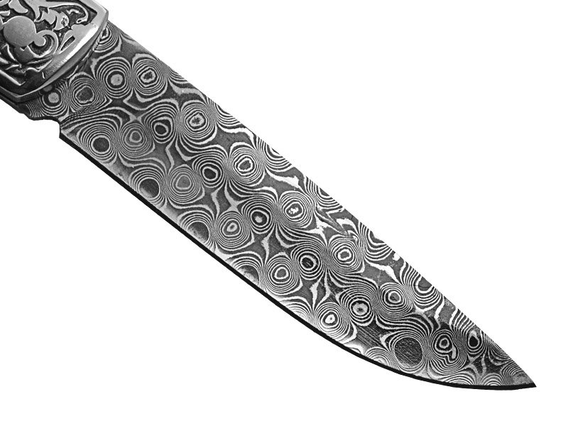 Canivete para colecionador forjado em aço damasco. Empunhadura em rádica de roseira, 16 cm