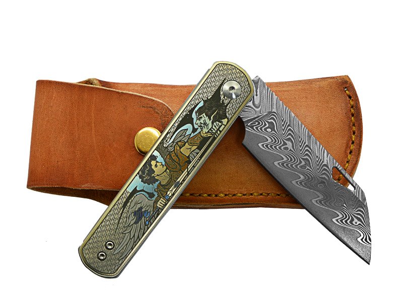Canivete para colecionador forjado em aço damasco estilo Wharncliffe, 19 cm