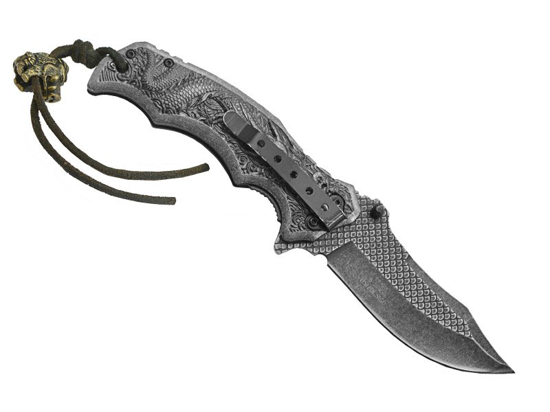 Canivete tático para colecionador em aço inox 420. Empunhadura em aço, 21 cm