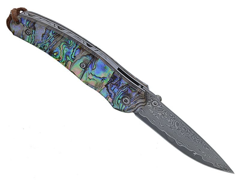 Canivete para colecionador em aço damasco com empunhadura em abalone natural 18 cm