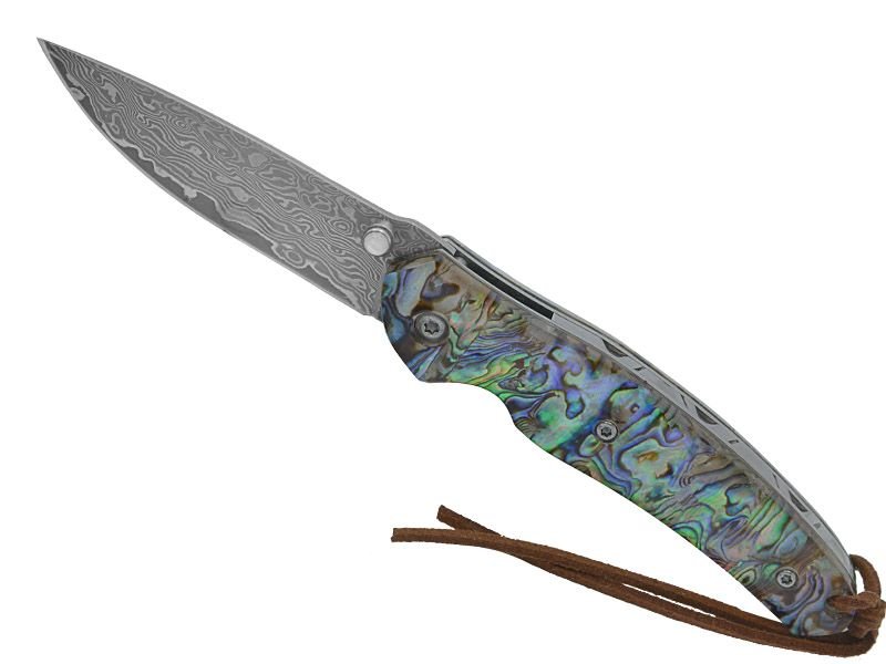 Canivete para colecionador em aço damasco com empunhadura em abalone natural 18 cm