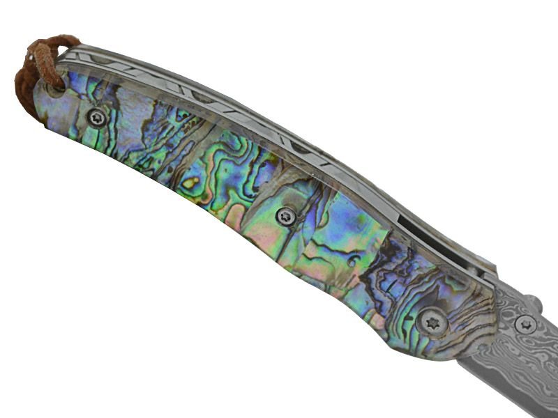 Canivete para colecionador em aço damasco com empunhadura em abalone natural 18 cm