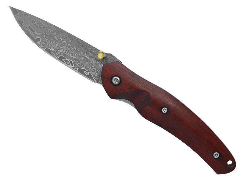 Canivete para colecionador em aço damasco com empunhadura em sândalo vermelho, 16 cm