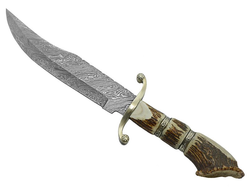 Adelar Filippon faca bowie para colecionador forjada em aço damasco. Empunhadura em chifre de cervo, 37 cm