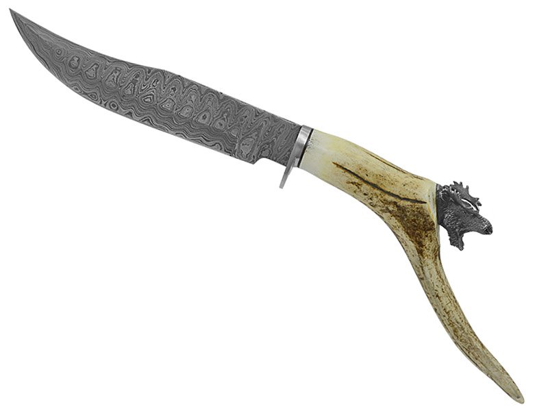 Adelar Filippon faca bowie para colecionador forjada em aço damasco. Empunhadura em chifre de cervo, 42 cm