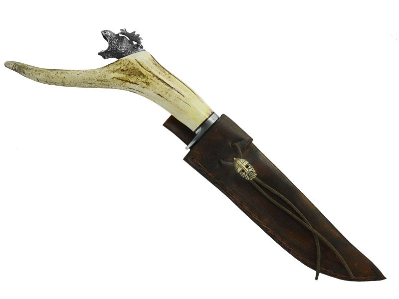 Adelar Filippon faca bowie para colecionador forjada em aço damasco. Empunhadura em chifre de cervo, 42 cm