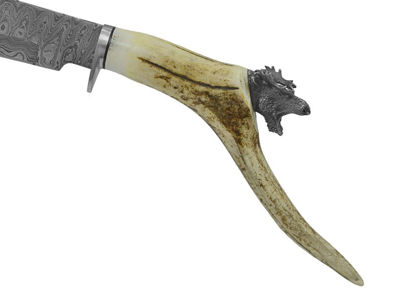 Adelar Filippon faca bowie para colecionador forjada em aço damasco. Empunhadura em chifre de cervo, 42 cm