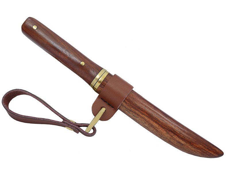 Mini catana para colecionador em aço damasco, empunhadura em sândalo vermelho, 18 cm